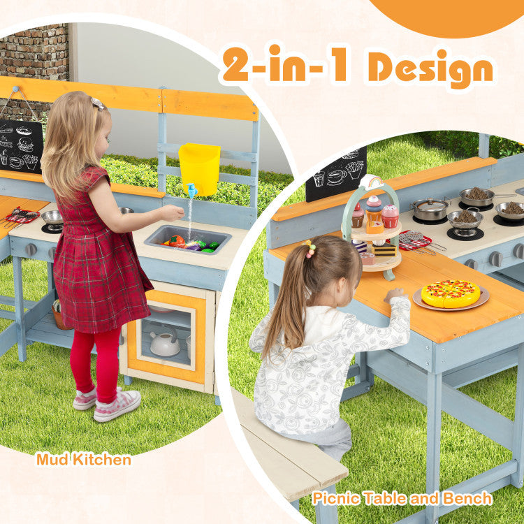 Ultimate Kids Outdoor Play Complex: 4-in-1 Wooden Mud Kitchen & BBQ Grill Set with Picnic Table
