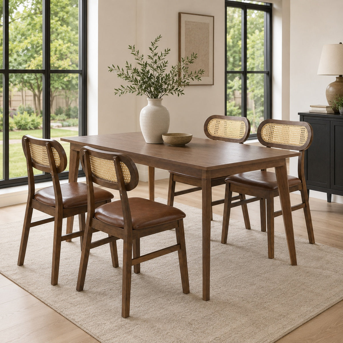 48 Inch Dining Table Set for 4 with Rattan Chairs  Mid Century Kitchen Table and Chairs Set for Dining Room