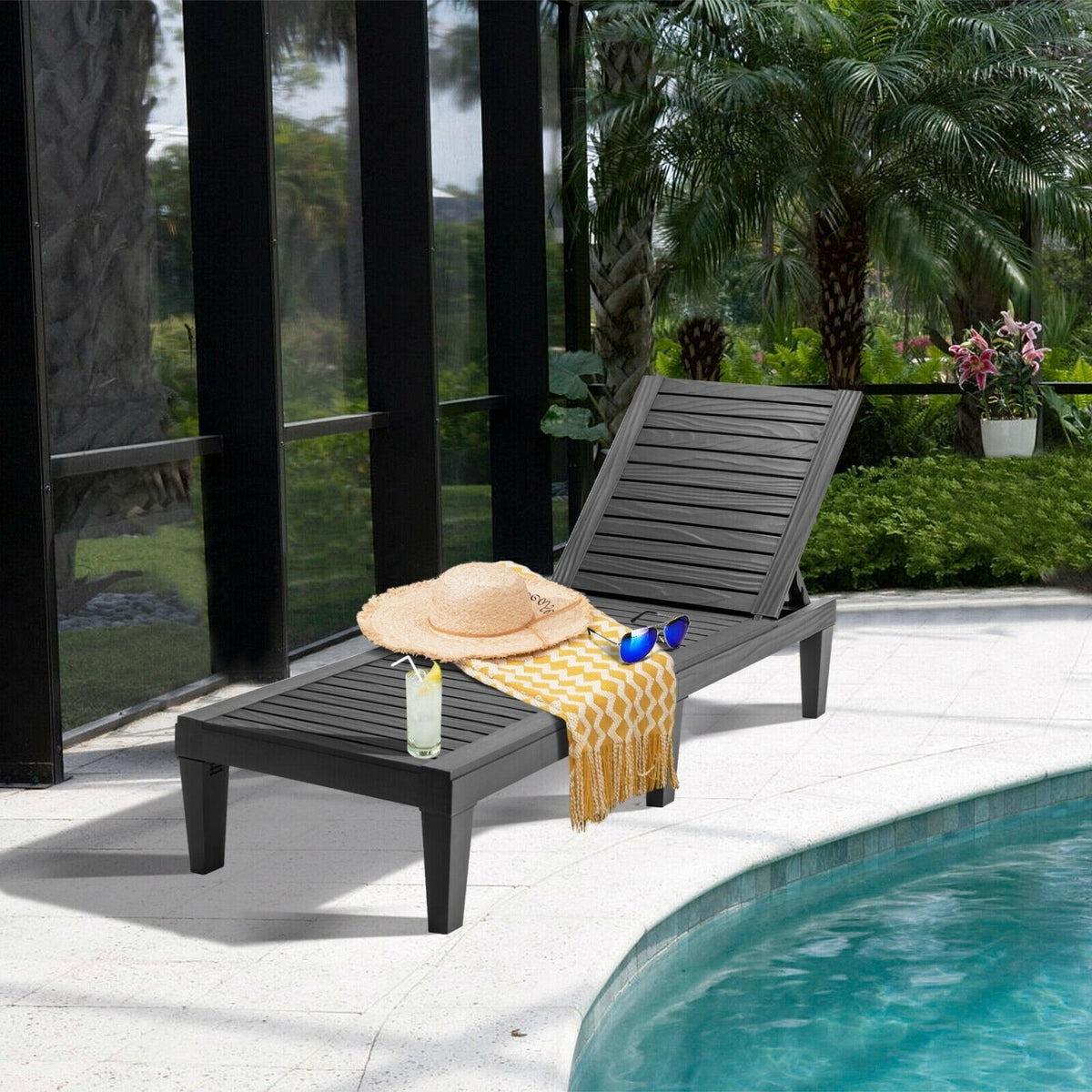 Set of 2 Outdoor Chaise Lounge Chair with 5 Positions Adjustable Backrest-Black