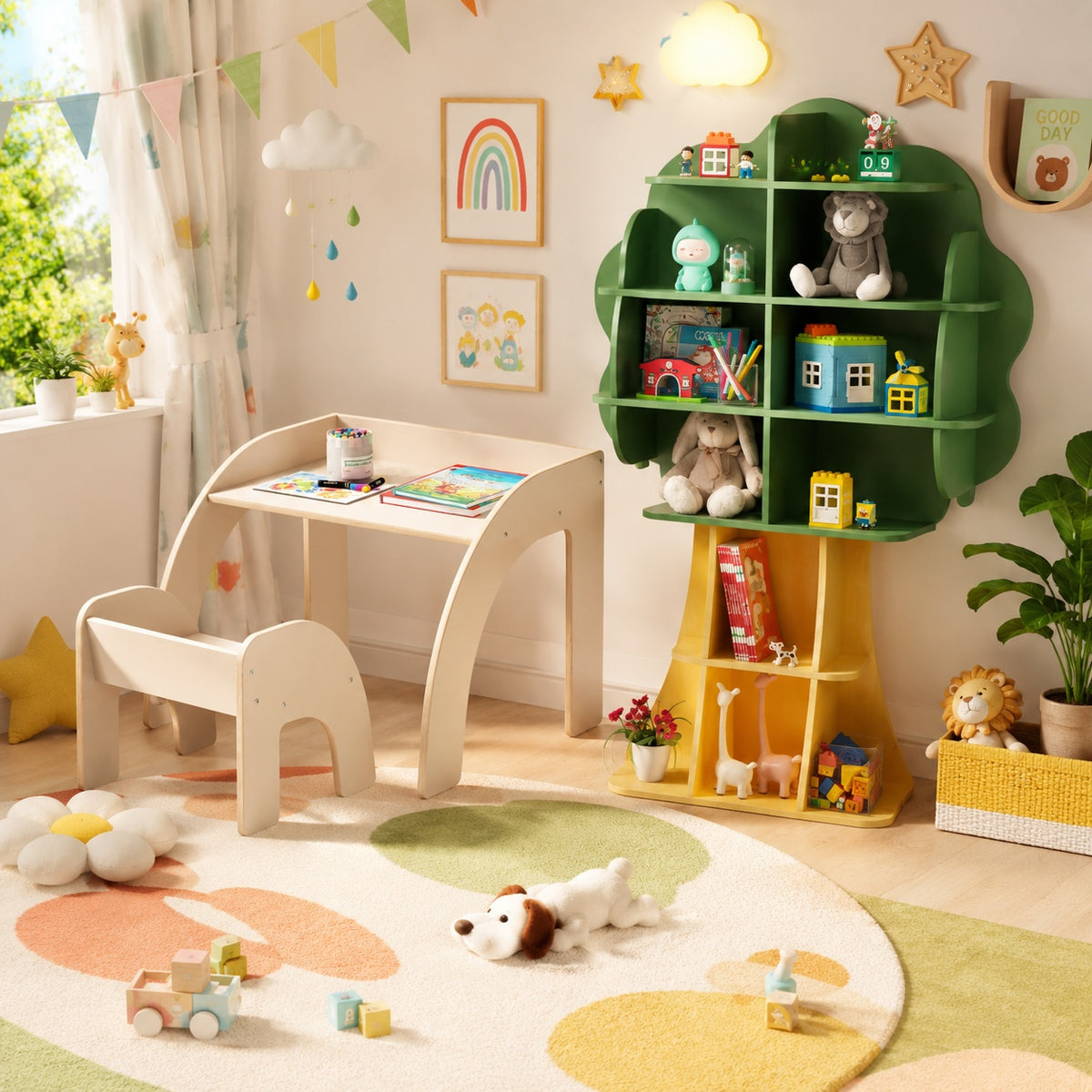 Kids Table and Chair Set with Tree Shape Bookshelf Storage Organizer
