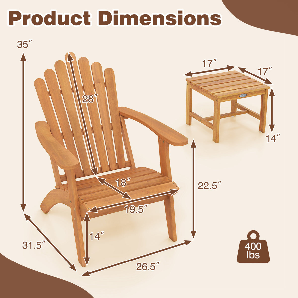 Adirondack Chair Set of 2 with Side Table for Deck Garden and Porch