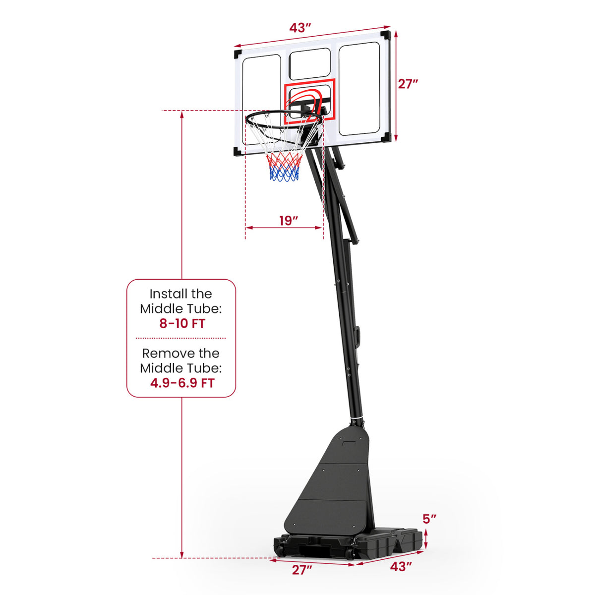 4.9-10 Feet Portable Basketball Hoop 10 Levels Adjustable with Fillable Base and Ball Storage