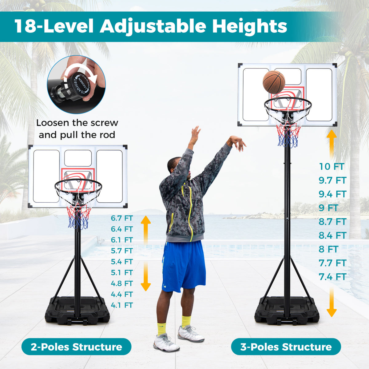 4.1-10 Feet Portable Basketball Hoop 18-Level Adjustable with Heavy Duty Fillable Base