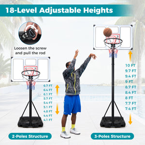 4.1-10 Feet Portable Basketball Hoop 18-Level Adjustable with Heavy Duty Fillable Base
