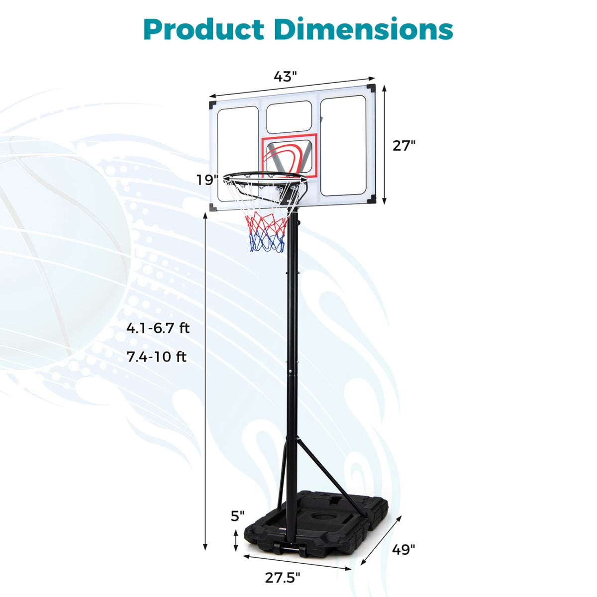 4.1-10 Feet Portable Basketball Hoop 18-Level Adjustable with Heavy Duty Fillable Base
