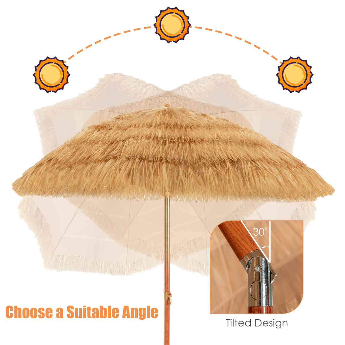 6.5 Feet Portable Thatched Tiki Beach Umbrella with Adjustable Tilt for Backyard