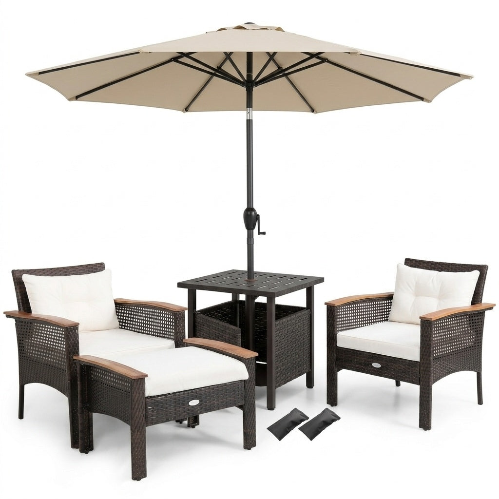 3-Piece Patio Lounge Bundle with 5-Piece PE Rattan Conversation Set  Wicker Umbrella Side Table & 7.5 FT Tilt Market Umbrella