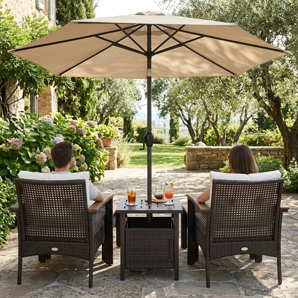 3-Piece Patio Lounge Bundle with 5-Piece PE Rattan Conversation Set  Wicker Umbrella Side Table & 7.5 FT Tilt Market Umbrella