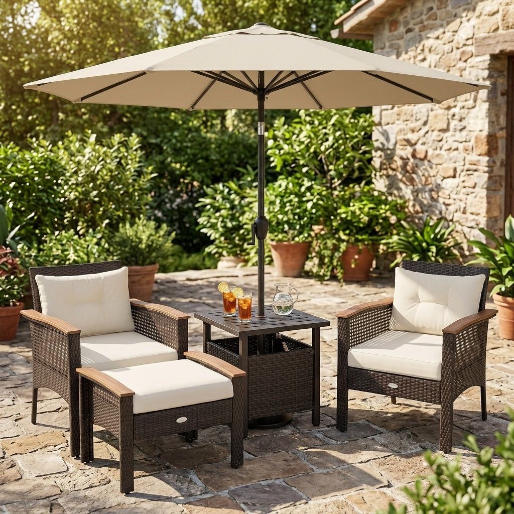 3-Piece Patio Lounge Bundle with 5-Piece PE Rattan Conversation Set  Wicker Umbrella Side Table & 7.5 FT Tilt Market Umbrella