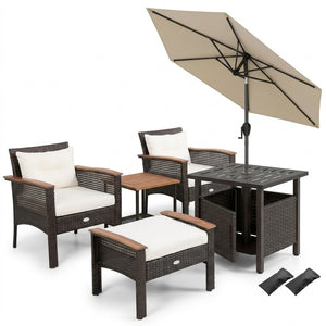 3-Piece Patio Lounge Bundle with 5-Piece PE Rattan Conversation Set  Wicker Umbrella Side Table & 7.5 FT Tilt Market Umbrella