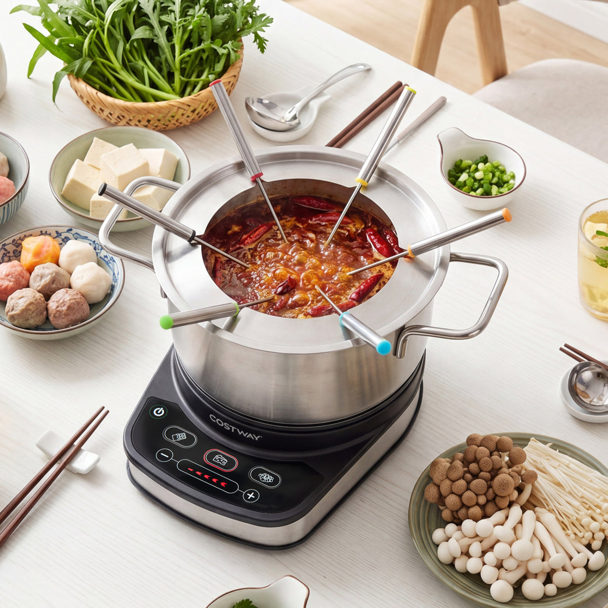 1200W Electric Fondue Pot Set with 3.2 QT Removable Pot 6 Color-Coded Fork