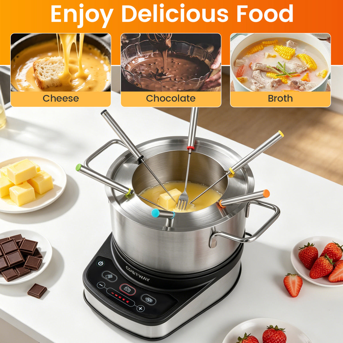 1200W Electric Fondue Pot Set with 3.2 QT Removable Pot 6 Color-Coded Fork
