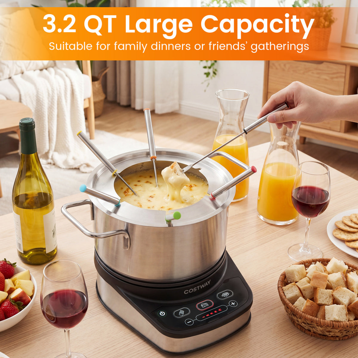 1200W Electric Fondue Pot Set with 3.2 QT Removable Pot 6 Color-Coded Fork