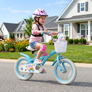 14 Inches Girls Bike for 3-5 Years Old with Training Wheels and Basket - Spring Party  Blue
