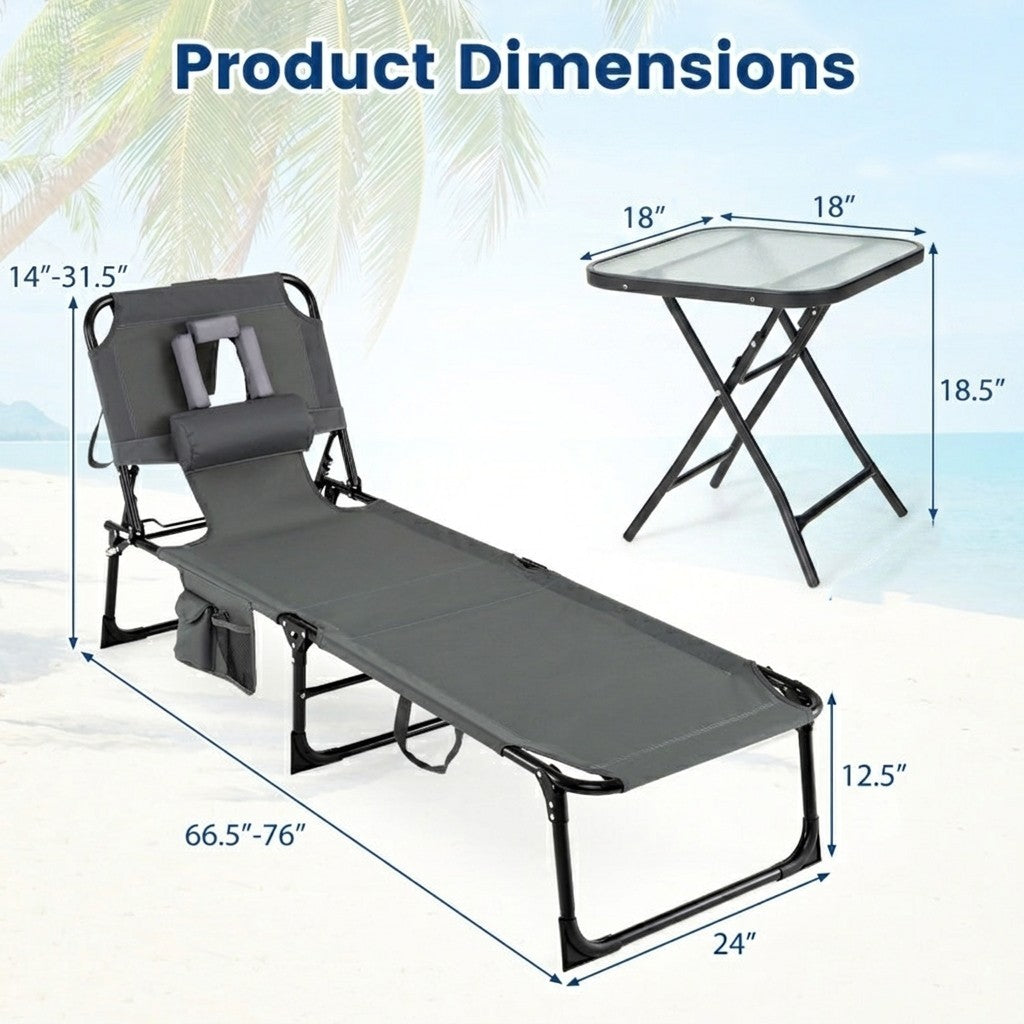 2-Piece Outdoor Tanning Chair and Patio Side Table Set with Folding Lounge Chair and Square Bistro Table