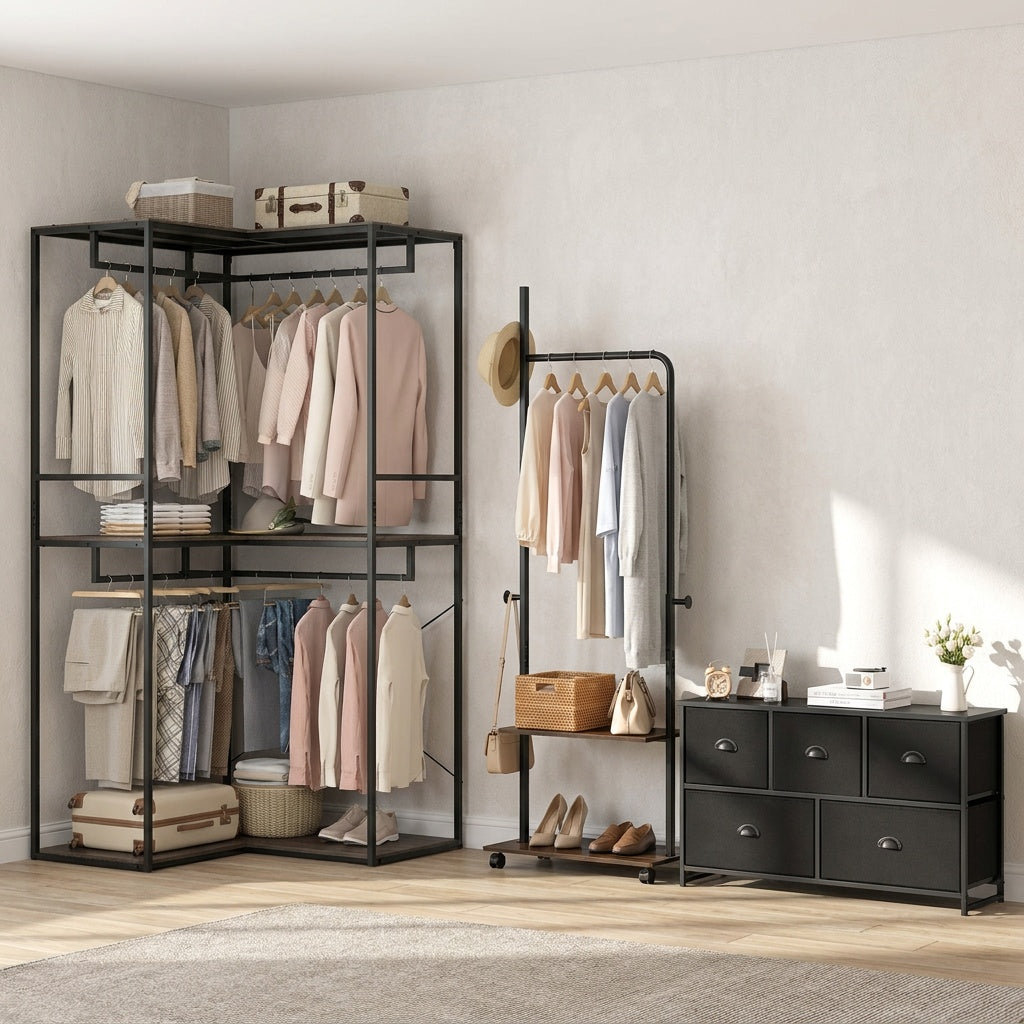 Bedroom Set with 3-Tier Clothes Rack Freestanding Clothing Rack and Dresser Storage Tower
