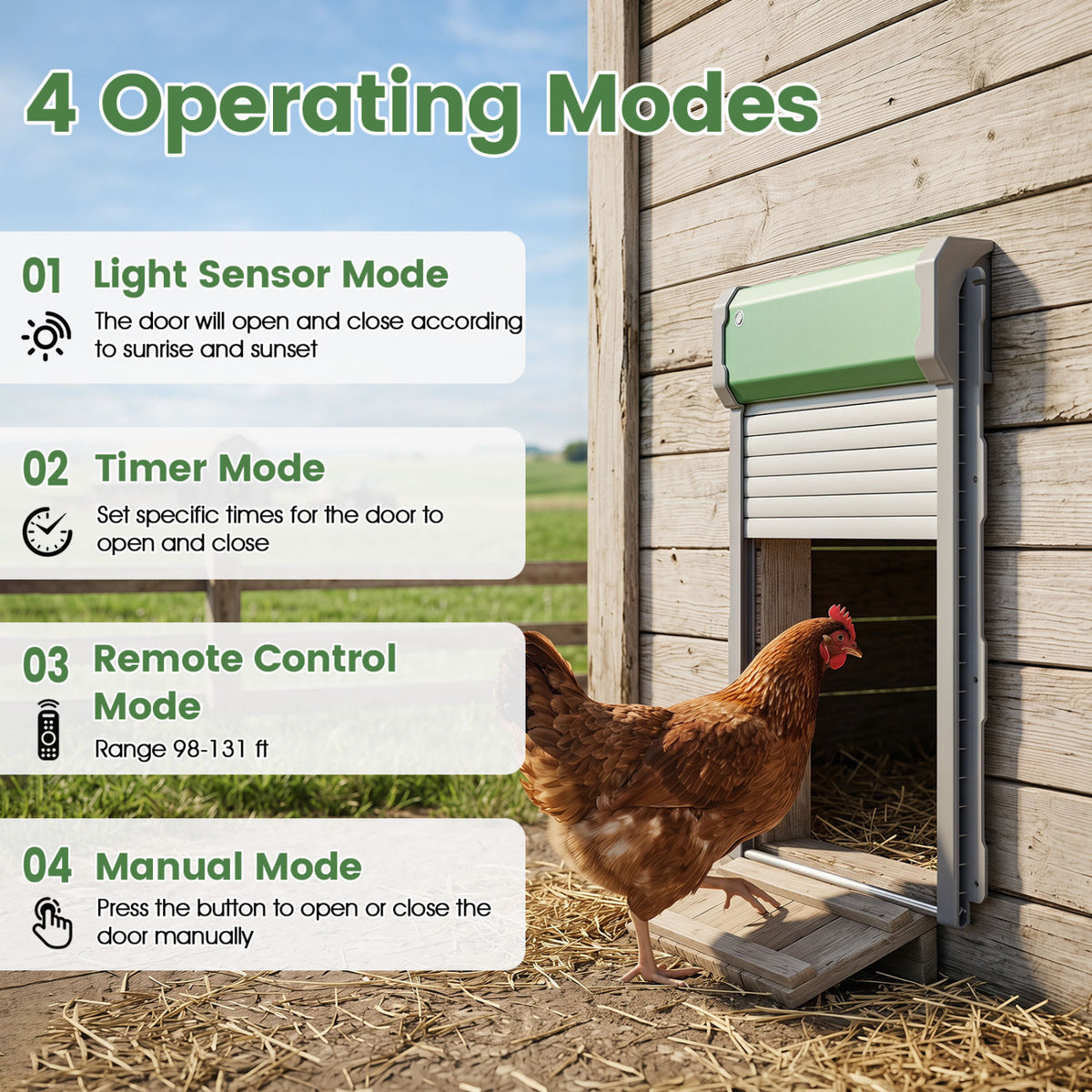 Automatic Chicken Coop Door with Remote Control and Light Sensor Timer