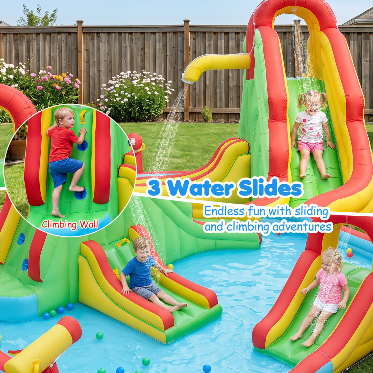 Kids Inflatable Water Park with Splash Pool and 3 Water Slides (Blower Not Included)