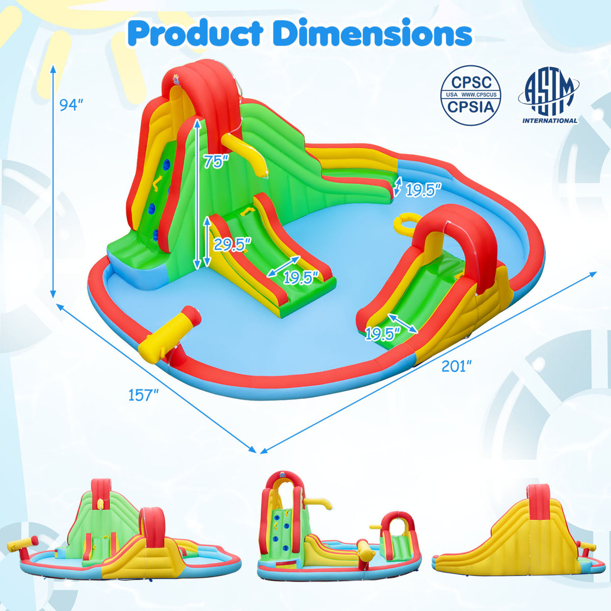 Kids Inflatable Water Park with Splash Pool and 3 Water Slides (Blower Not Included)