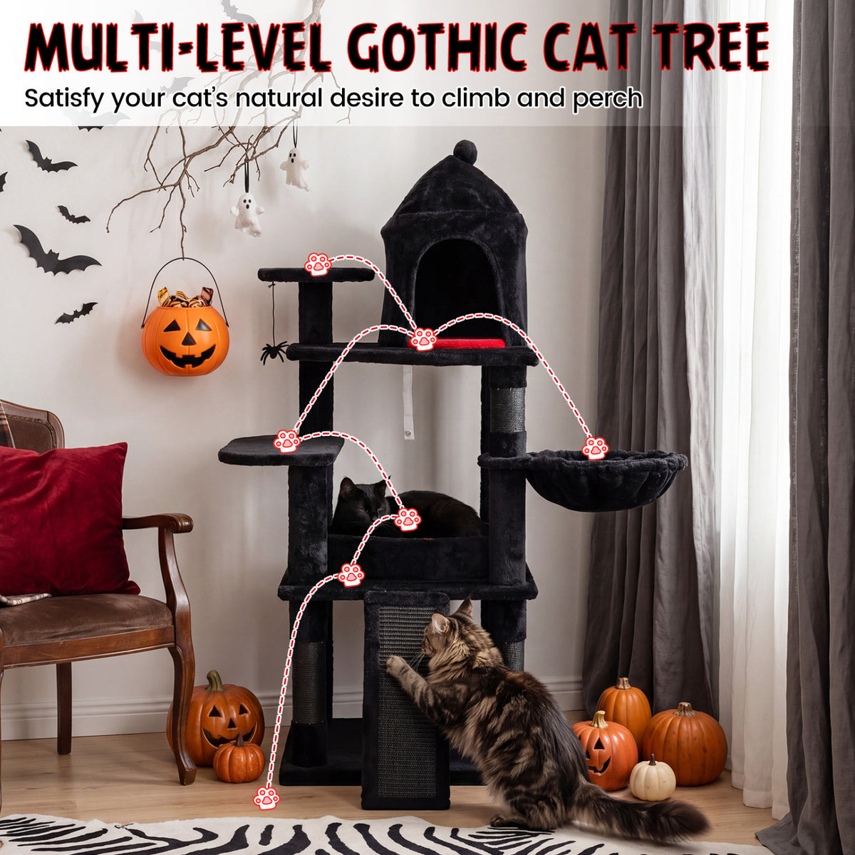 50 Inch Gothic Multi-level Cat Tree with House for Indoor Cats