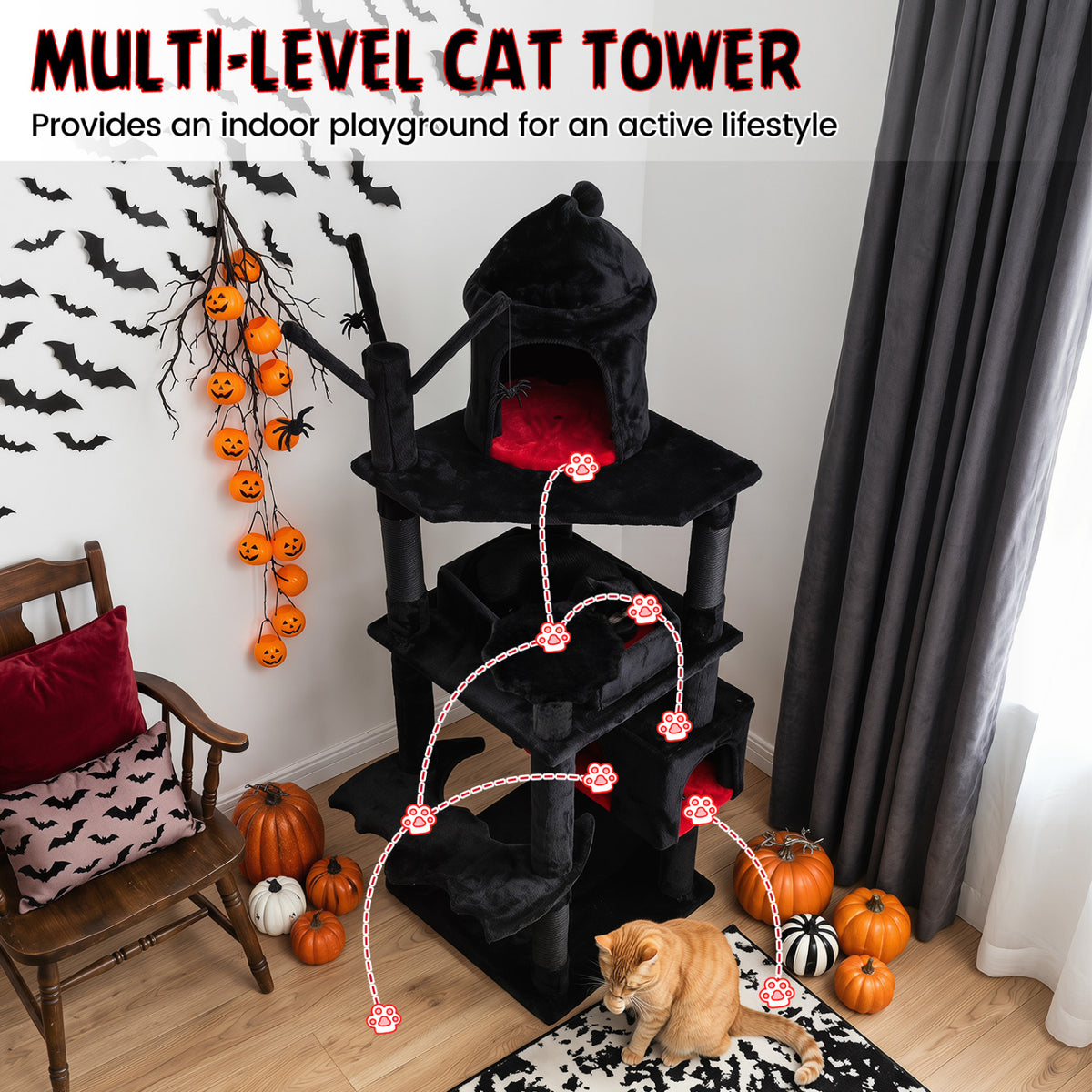 70 Inch Gothic Cat Tree for Indoor Cats with Castle and House