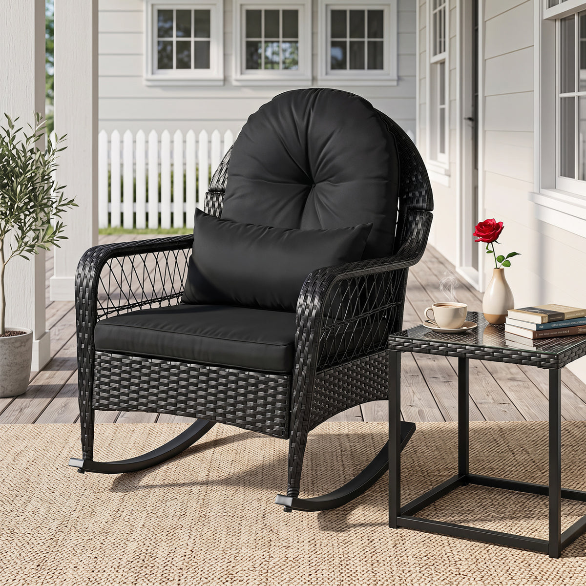 Outdoor Wicker Rocking Chair with Anti-Tip Stoppers and Thick Cushions for Porch-Black