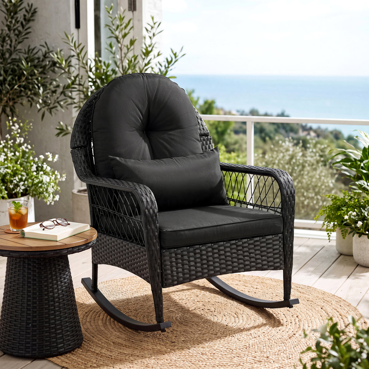 Outdoor Wicker Rocking Chair with Anti-Tip Stoppers and Thick Cushions for Porch-Black