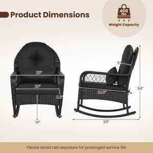 Outdoor Wicker Rocking Chair with Anti-Tip Stoppers and Thick Cushions for Porch-Black