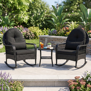Outdoor Wicker Rocking Chair with Anti-Tip Stoppers and Thick Cushions for Porch-Black