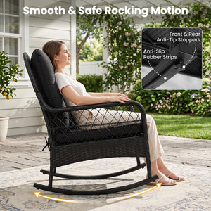 Outdoor Wicker Rocking Chair with Anti-Tip Stoppers and Thick Cushions for Porch-Black