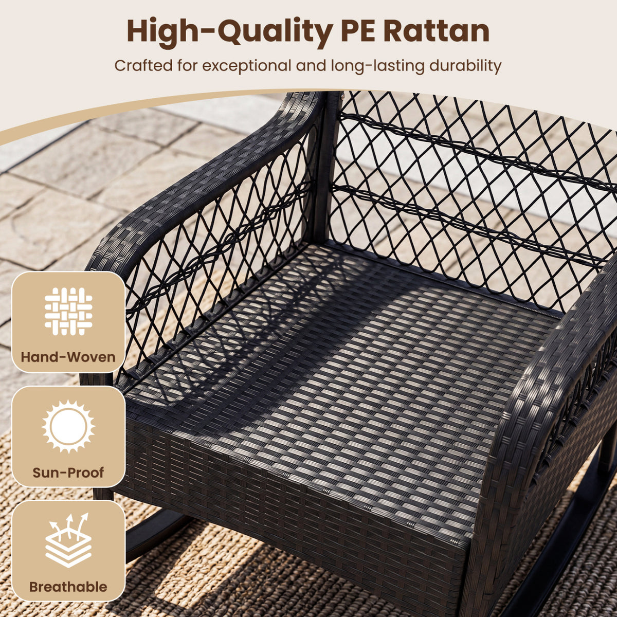 Outdoor Wicker Rocking Chair with Anti-Tip Stoppers and Thick Cushions for Porch-Black