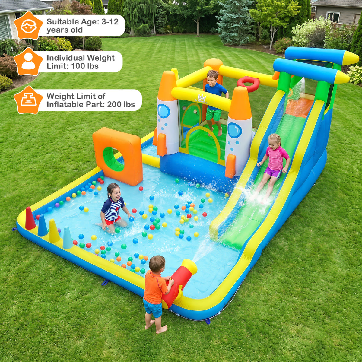 10-in-1 Inflatable Bounce House with Water Slide and 680W Blower for Kids