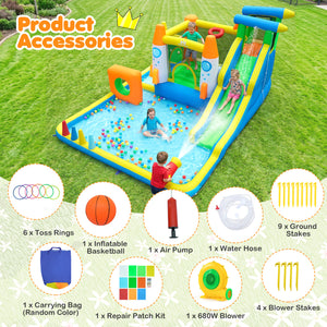 10-in-1 Inflatable Bounce House with Water Slide and 680W Blower for Kids
