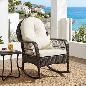Outdoor Wicker Rocking Chair with Anti-Tip Stoppers 400 LBS for Porch Deck-White