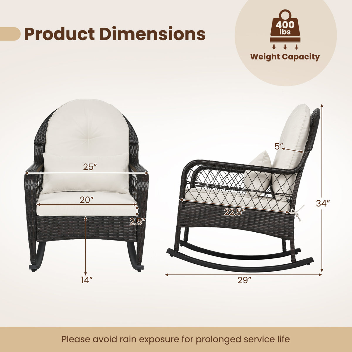 Outdoor Wicker Rocking Chair with Anti-Tip Stoppers 400 LBS for Porch Deck-White