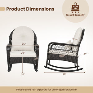 Outdoor Wicker Rocking Chair with Anti-Tip Stoppers 400 LBS for Porch Deck-White