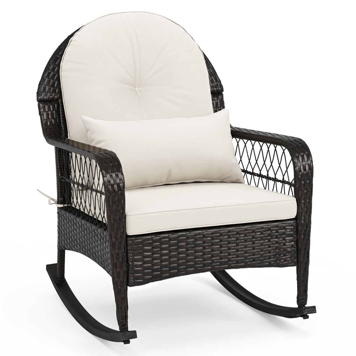 Outdoor Wicker Rocking Chair with Anti-Tip Stoppers 400 LBS for Porch Deck-White