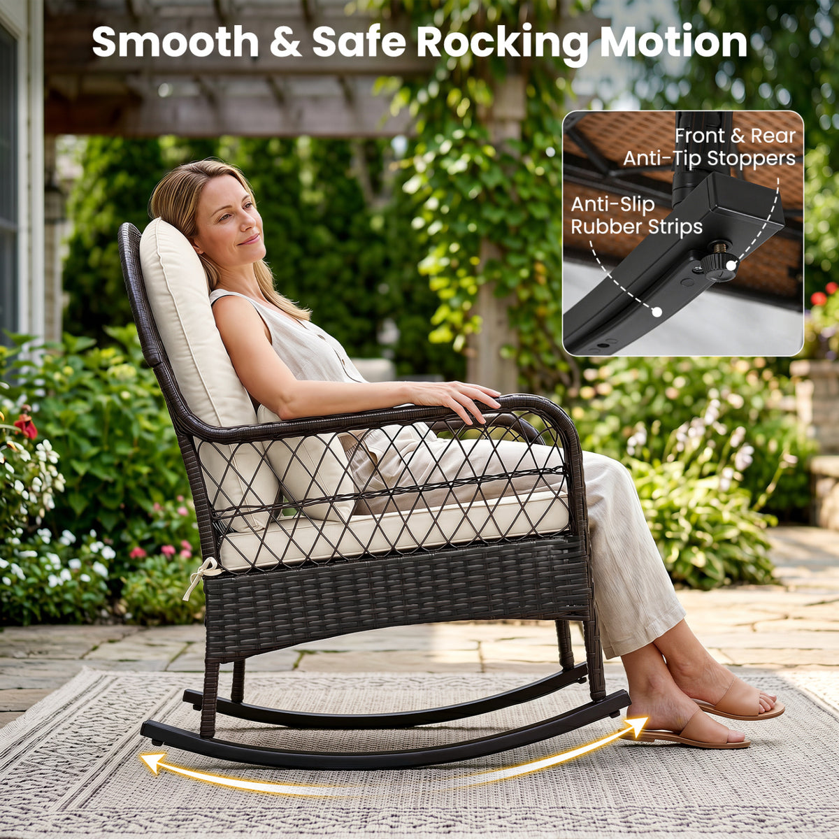 Outdoor Wicker Rocking Chair with Anti-Tip Stoppers 400 LBS for Porch Deck-White