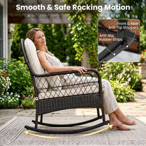 Outdoor Wicker Rocking Chair with Anti-Tip Stoppers 400 LBS for Porch Deck-White