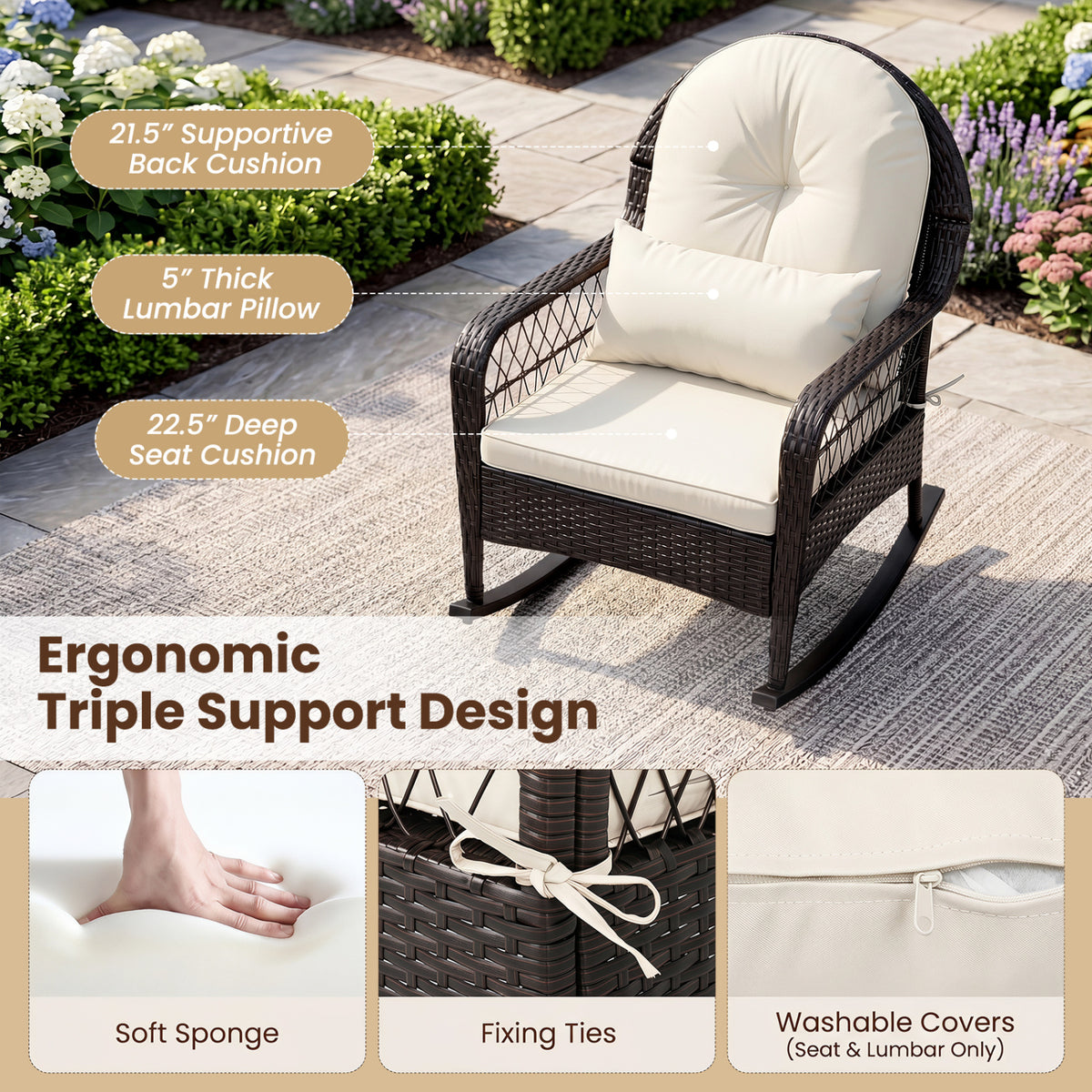 Outdoor Wicker Rocking Chair with Anti-Tip Stoppers 400 LBS for Porch Deck-White