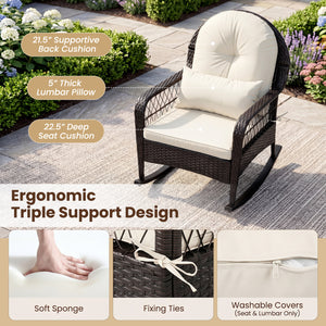 Outdoor Wicker Rocking Chair with Anti-Tip Stoppers 400 LBS for Porch Deck-White