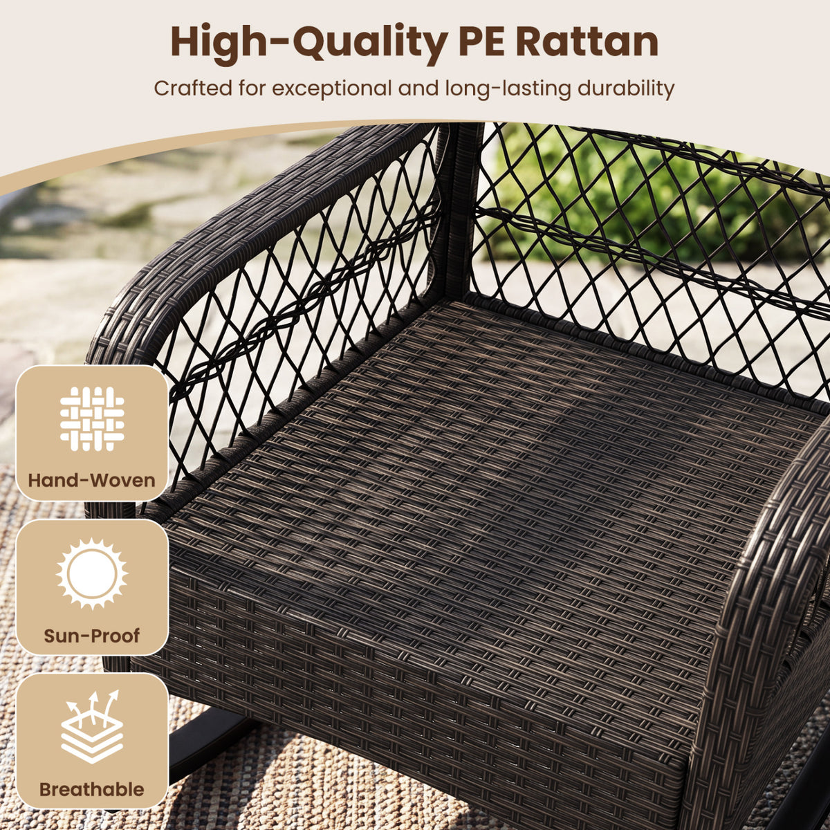 Outdoor Wicker Rocking Chair with Anti-Tip Stoppers 400 LBS for Porch Deck-White