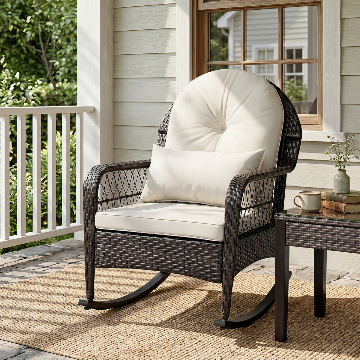 Outdoor Wicker Rocking Chair with Anti-Tip Stoppers 400 LBS for Porch Deck-White