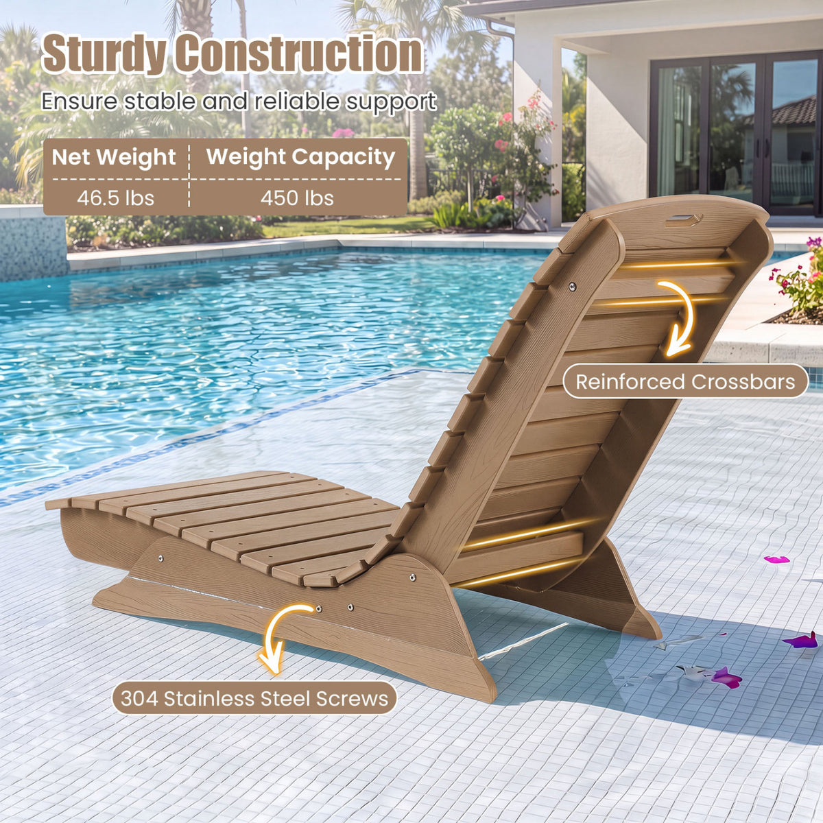 Fade-Resistant Outdoor Lounger with Contoured Shape for Deck Poolside-Brown