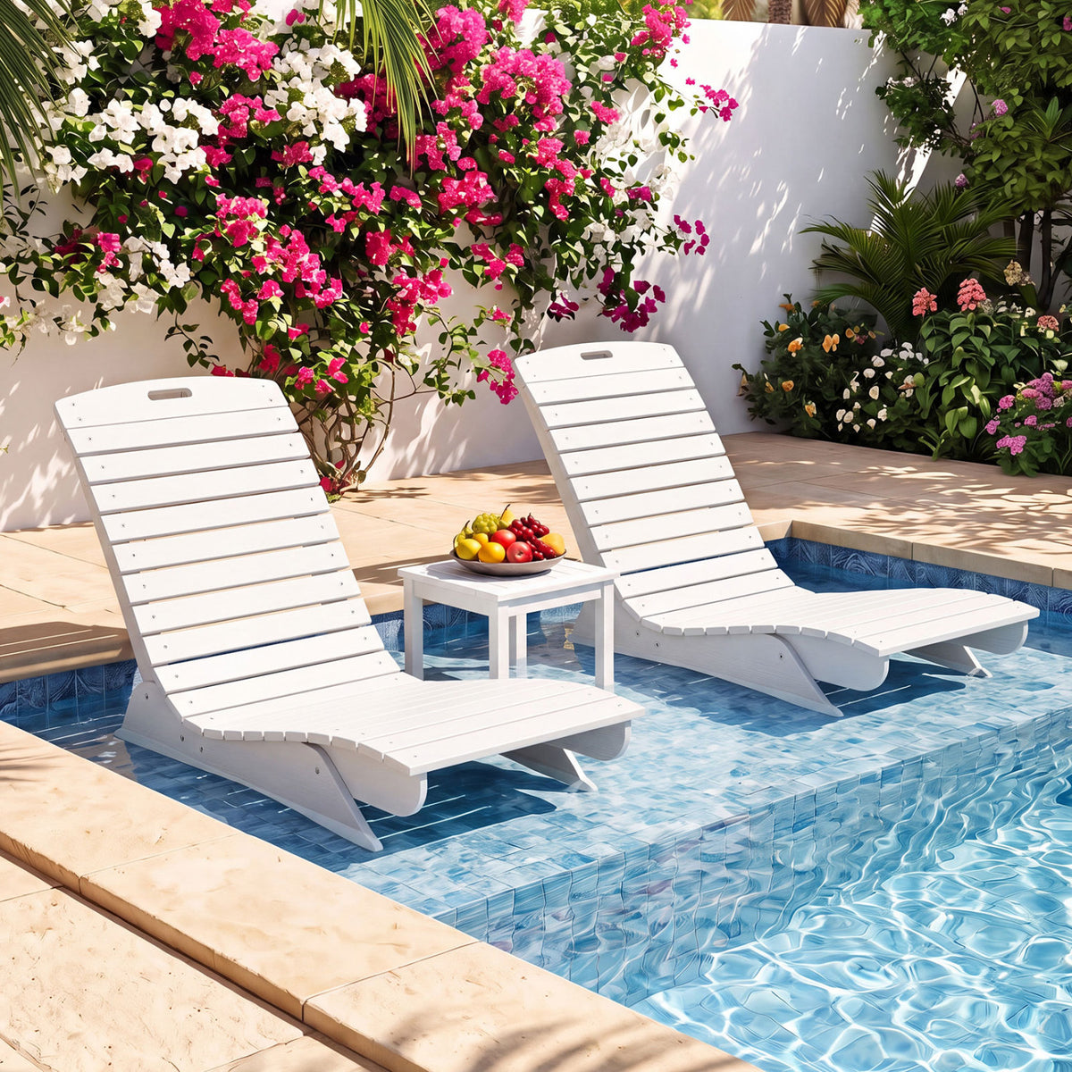 Fade-Resistant Outdoor Lounger with Contoured Shape for Deck Poolside-White