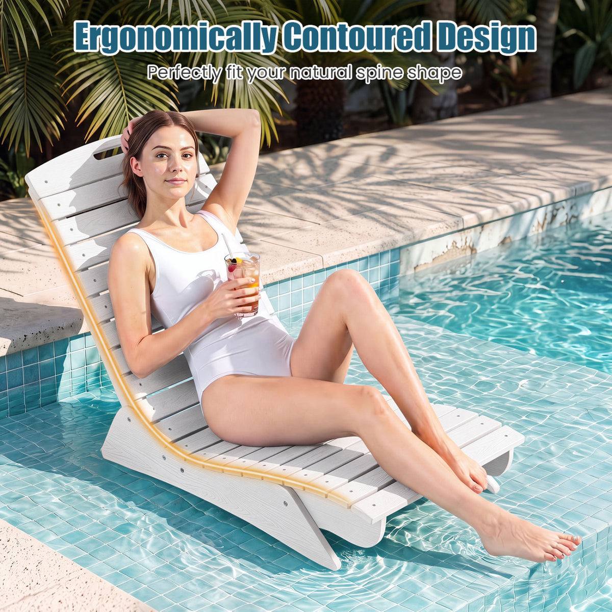 Fade-Resistant Outdoor Lounger with Contoured Shape for Deck Poolside-White