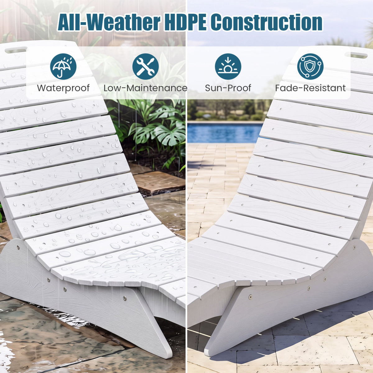 Fade-Resistant Outdoor Lounger with Contoured Shape for Deck Poolside-White