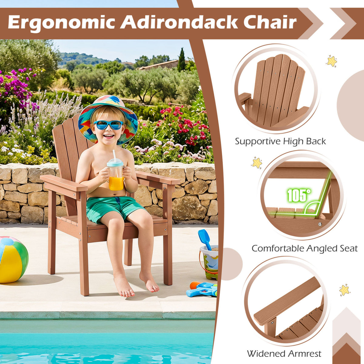Outdoor Adirondack Chair with High Backrest and Wide Armrests for Deck Poolside-Brown