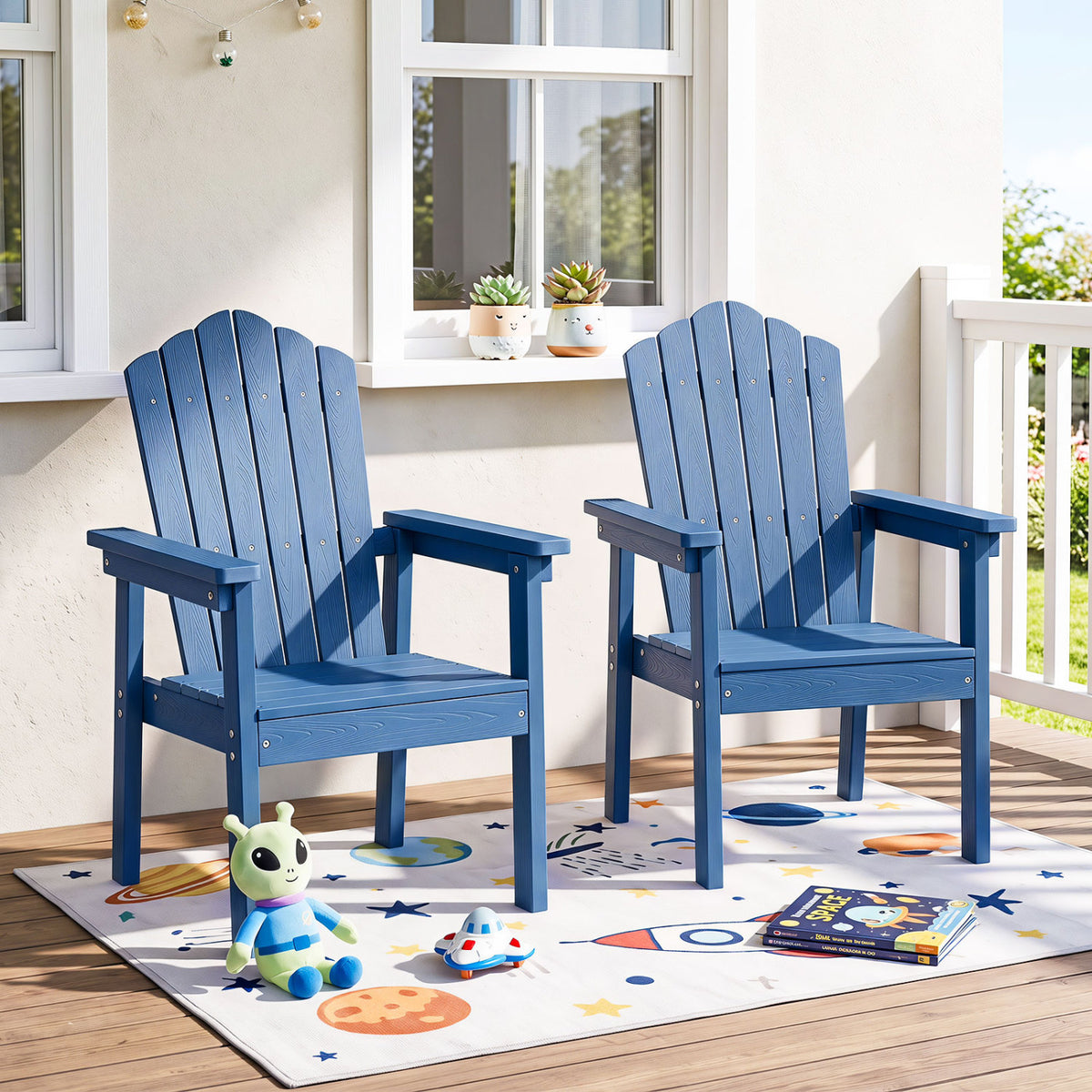 Outdoor Adirondack Chair with High Backrest and Wide Armrests for Deck Poolside-Navy