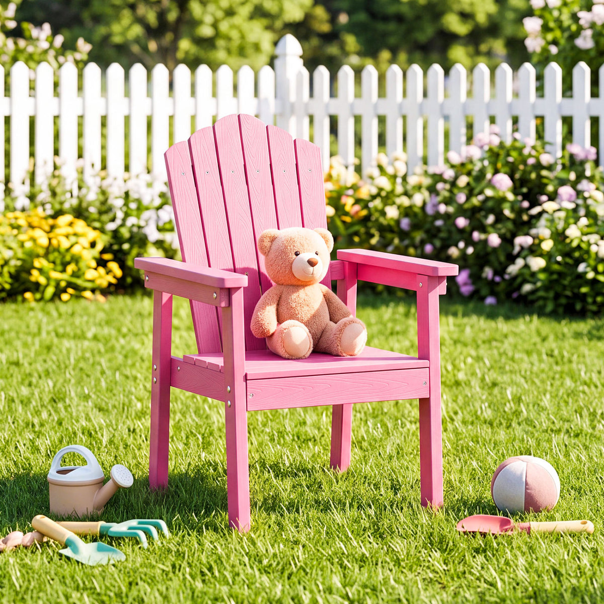 Outdoor Adirondack Chair with High Backrest and Wide Armrests for Deck Poolside-Pink